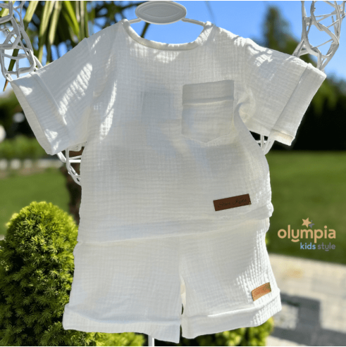 Komplet z Muślinu - Bluzka i Szorty ecru star kids