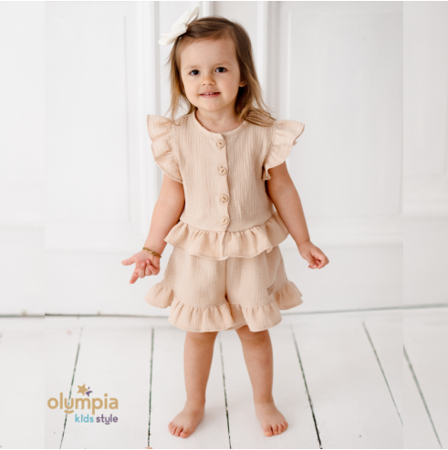 Komplet z Muślinu - Bluzka i Szorty beż | OLYMPIA KIDS STYLE