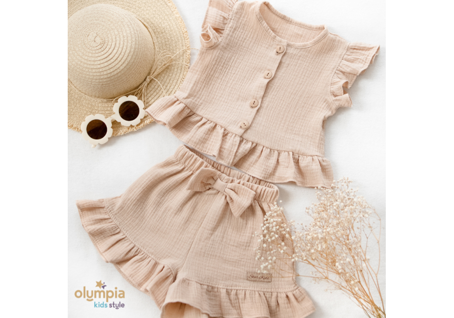 Komplet z Muślinu dla dziewczynki- Bluzka zapinana na guziczki i Spodenki beż