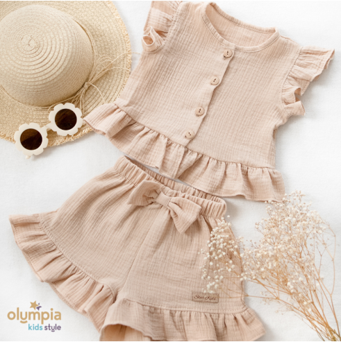 Komplet z Muślinu dla dziewczynki- Bluzka zapinana na guziczki i Spodenki beż