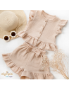 Komplet z Muślinu dla dziewczynki- Bluzka zapinana na guziczki i Spodenki beż