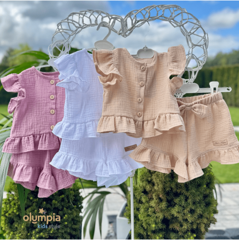 Komplet z Muślinu - Bluzka i Szorty beż | OLYMPIA KIDS STYLE