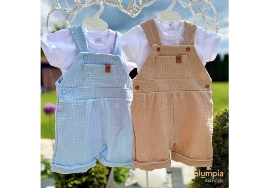 Komplet z Muślinu - spodnie ogrodniczki i body