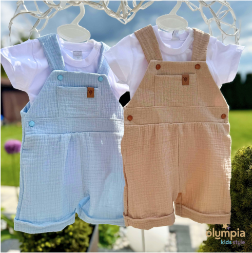 Komplet z Muślinu - spodnie ogrodniczki i body