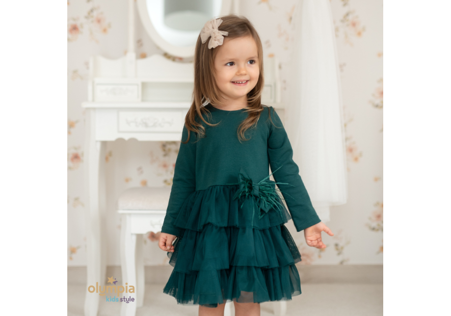 Sukienka dla dziewczynki PIÓRKO butelkowa zieleń