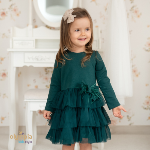 Sukienka dla dziewczynki PIÓRKO butelkowa zieleń