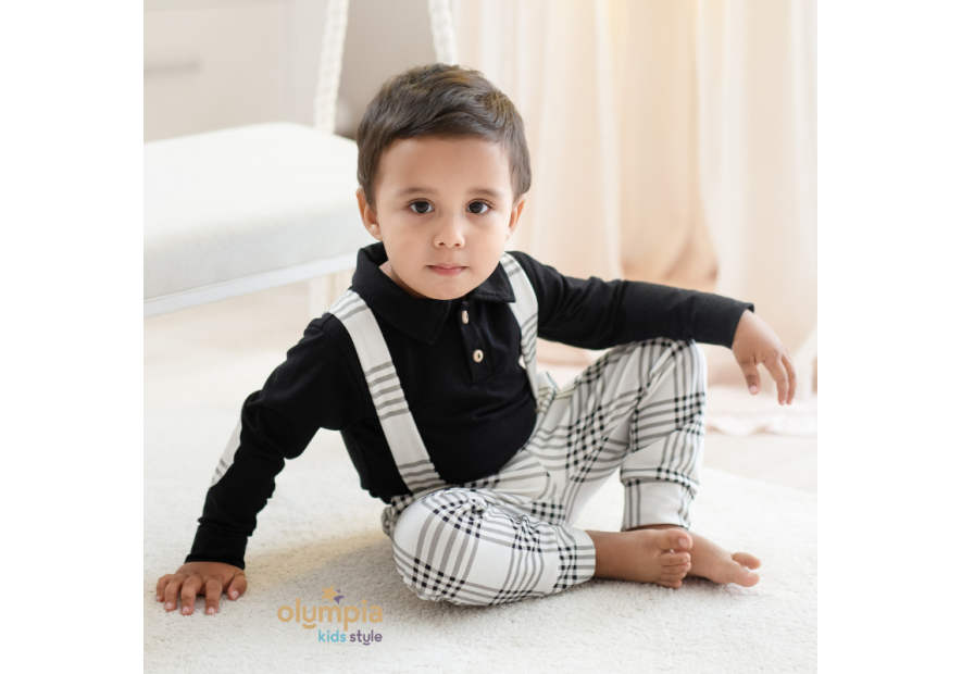 Bluzka z kołnierzem i spodenki z szelkami KRATKA