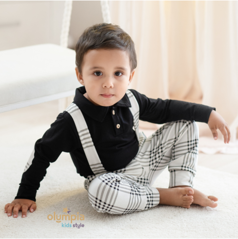 Bluzka z kołnierzem i spodenki z szelkami KRATKA