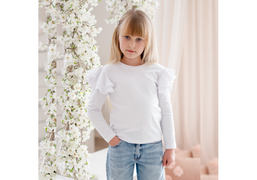 Bluzka dziecięca z dużymi  falbankami biała| OLYMPIA KIDS STYLE
