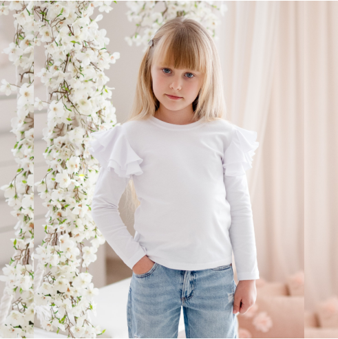 Bluzka dziecięca z dużymi  falbankami biała| OLYMPIA KIDS STYLE