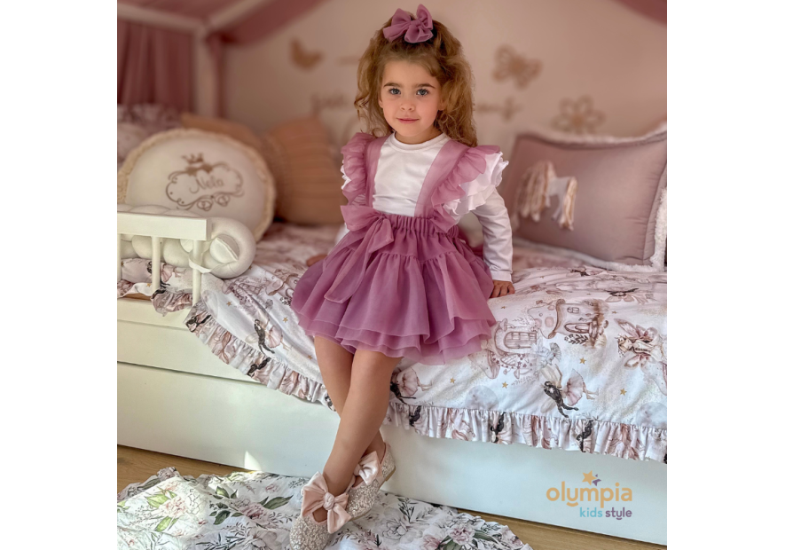 Spódniczka tiulowa na szelkach pudrowa BLANKA - Bellarco