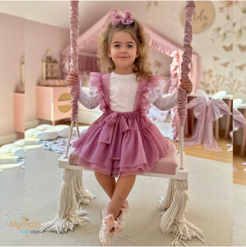 Spódniczka tiulowa na szelkach pudrowa BLANKA - Bellarco