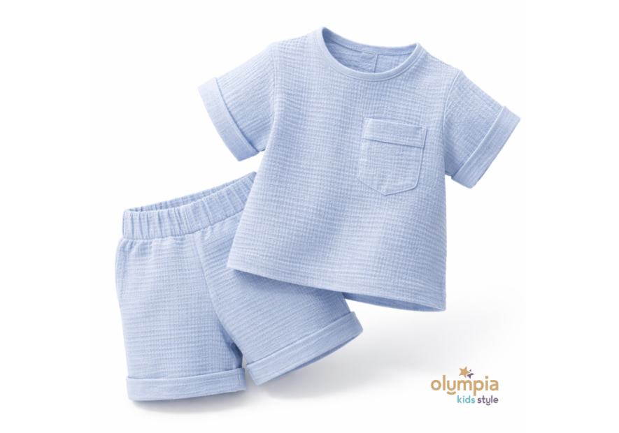 Komplet z Muślinu - Bluzka i Szorty niebieski