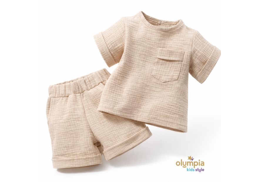 Komplet z Muślinu - Bluzka i Szorty beż