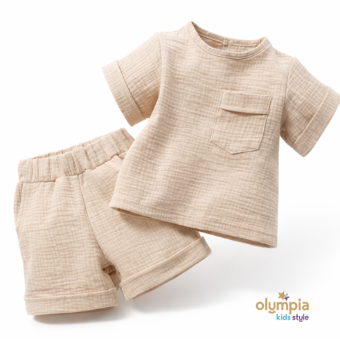 Komplet z Muślinu - Bluzka i Szorty beż