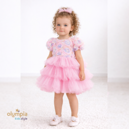 Różowa Sukienka z tiulu dla dziewczynki z różami z efektem 3d