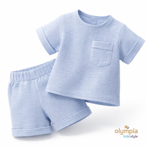 Komplet z Muślinu - Bluzka i Szorty niebieski