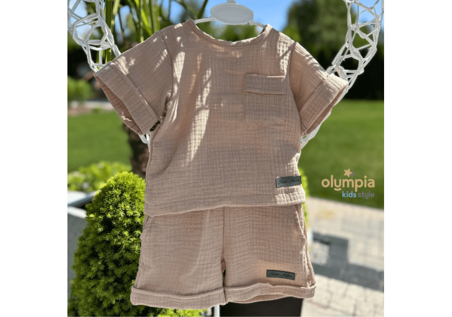 Komplet z Muślinu - Bluzka i Szorty beż star kids