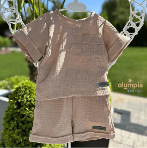 Komplet z Muślinu - Bluzka i Szorty beż star kids