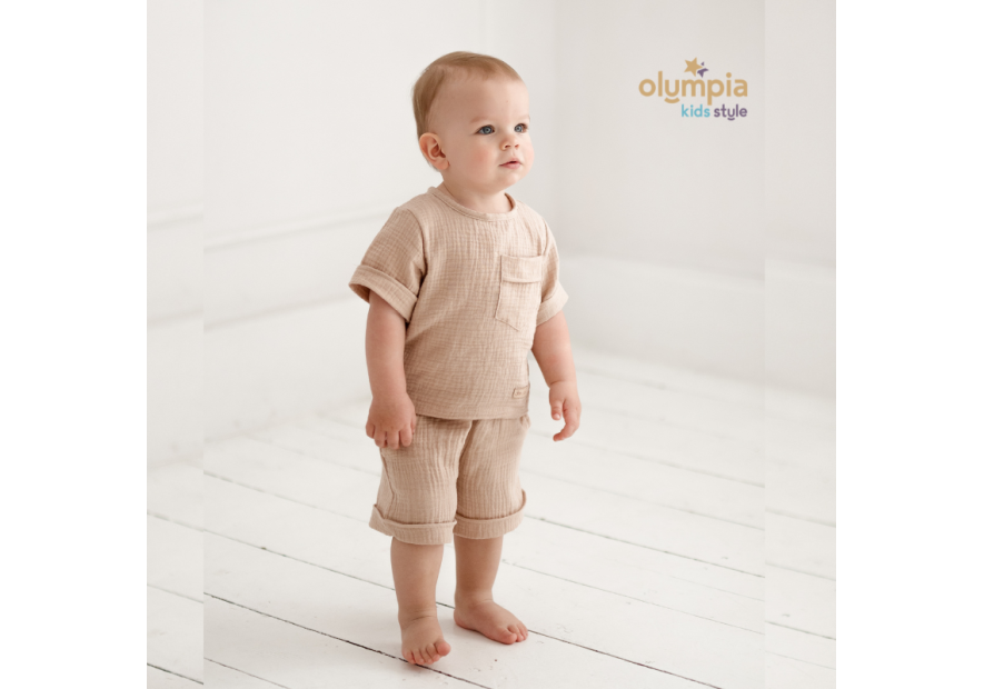 Komplet z Muślinu - Bluzka i Szorty ecru | OLYMPIA KIDS STYLE