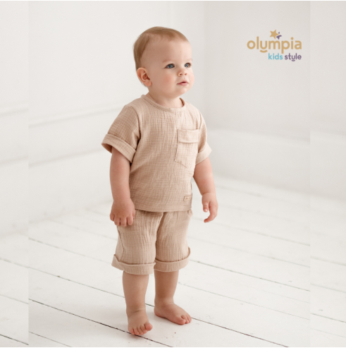 Komplet z Muślinu - Bluzka i Szorty ecru | OLYMPIA KIDS STYLE