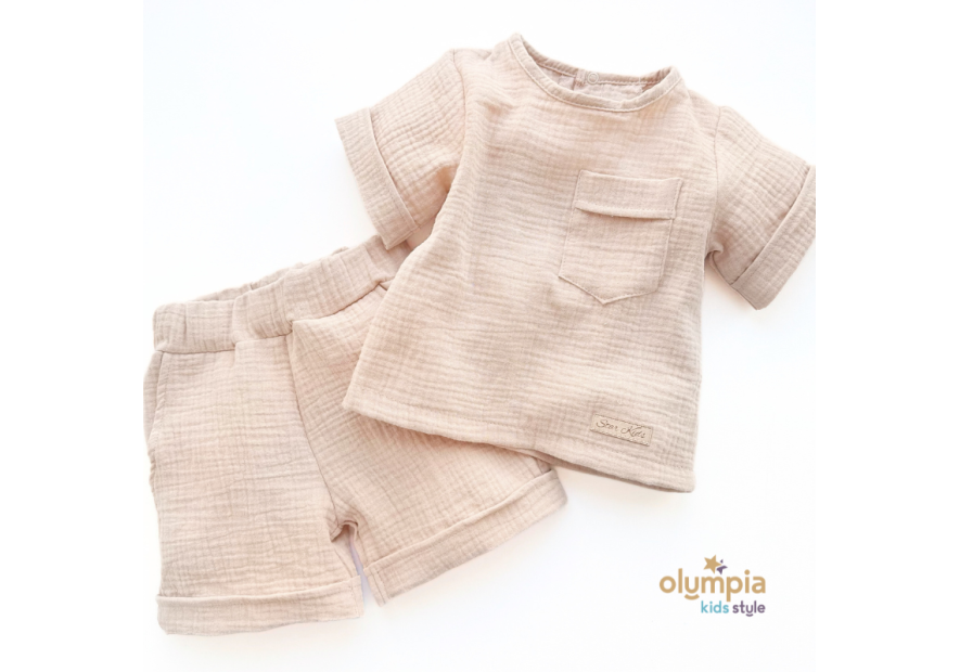 Komplet z Muślinu - Bluzka i Szorty ecru | OLYMPIA KIDS STYLE