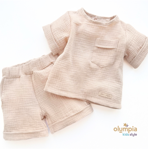 Komplet z Muślinu - Bluzka i Szorty ecru | OLYMPIA KIDS STYLE
