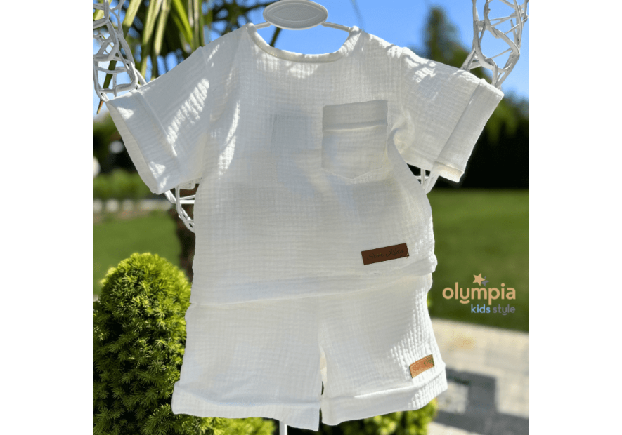 Komplet z Muślinu - Bluzka i Szorty ecru star kids