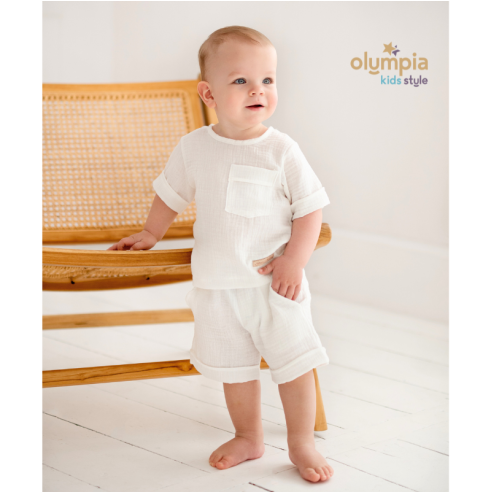 Komplet z Muślinu - Bluzka i Szorty ecru | OLYMPIA KIDS STYLE