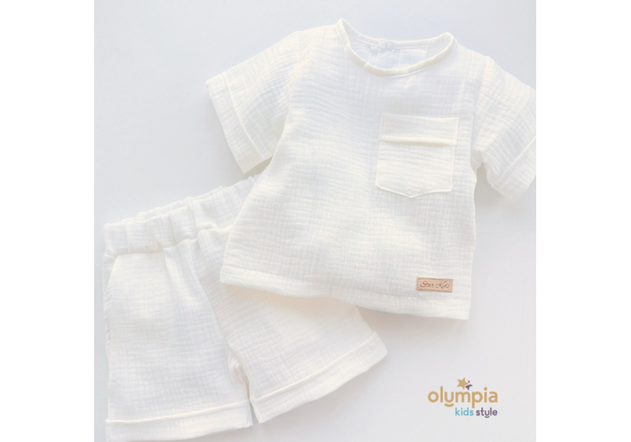 Komplet z Muślinu - Bluzka i Szorty ecru | OLYMPIA KIDS STYLE