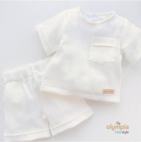 Komplet z Muślinu - Bluzka i Szorty ecru | OLYMPIA KIDS STYLE