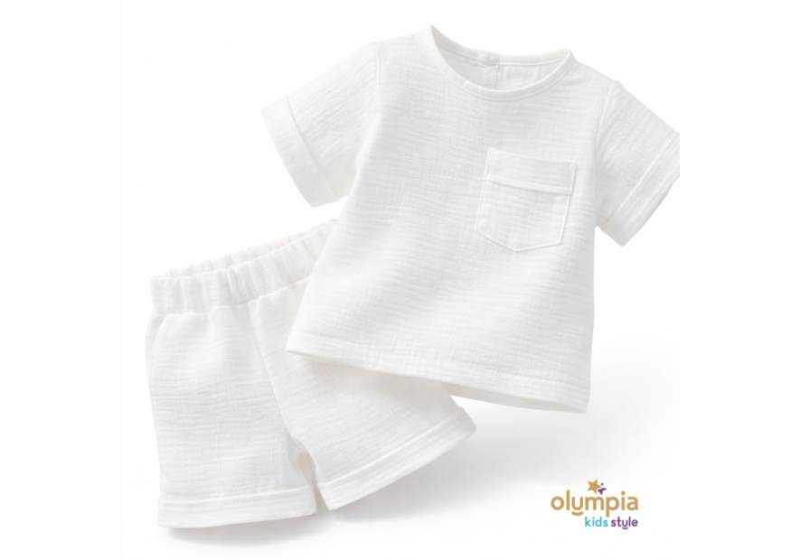 Komplet z Muślinu - Bluzka i Szorty ecru