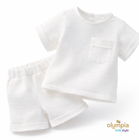 Komplet z Muślinu - Bluzka i Szorty ecru (Kolor: śmietankowy - Rozmiar (wiek): 86 [12-18 m-c])