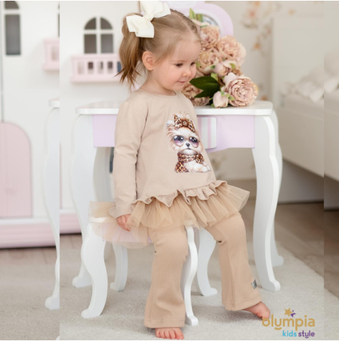 Tunika i spodnie dzwony TIUL beżowa (Kolor: beż - Rozmiar (wiek): 104 [3-4 lat])