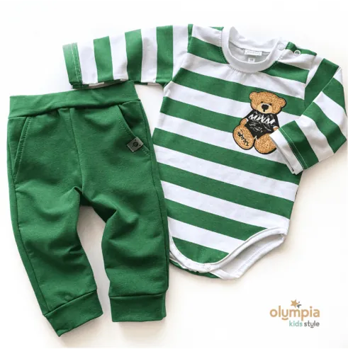 Body i spodnie PUCHATEK zielone i białe paski Body i spodnie PUCHATEK zielone i białe paski