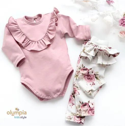 Komplet dla dziewczynki pudrowe body i kwiatowe legginsy