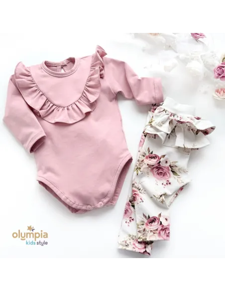 Komplet dla dziewczynki pudrowe body i kwiatowe legginsy