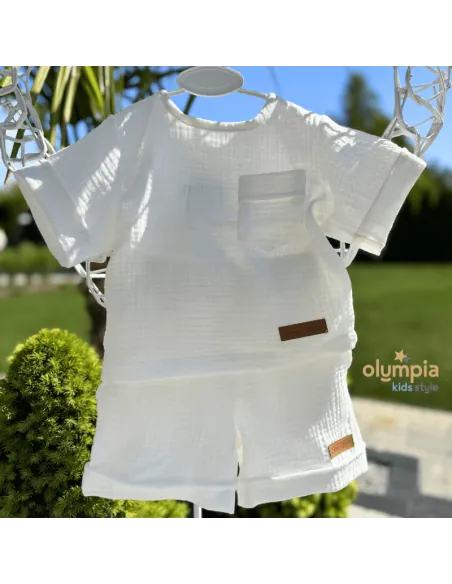 Komplet z Muślinu - Bluzka i Szorty ecru star kids