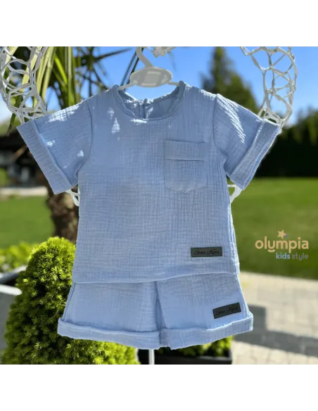 Komplet z Muślinu - Bluzka i Szorty niebieski star kids
