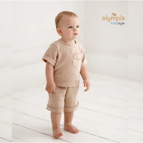 Komplet z Muślinu - Bluzka i Szorty beż