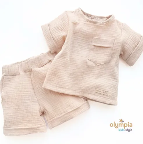 Komplet z Muślinu - Bluzka i Szorty beż