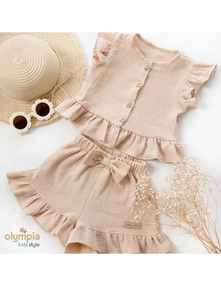 Komplet z Muślinu dla dziewczynki- Bluzka zapinana na guziczki i Spodenki beż