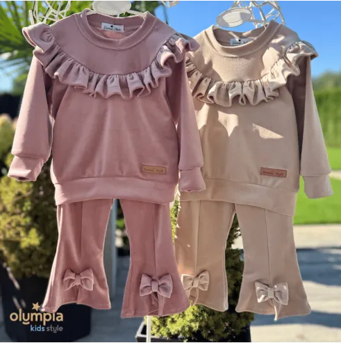 Dres welur i spodnie dzwony z kokardką - pudrowy róż Dres welur i spodnie dzwony z kokardką - pudrowy róż