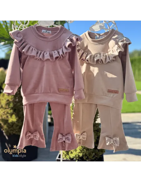 Dres welur i spodnie dzwony z kokardką - pudrowy róż Dres welur i spodnie dzwony z kokardką - pudrowy róż