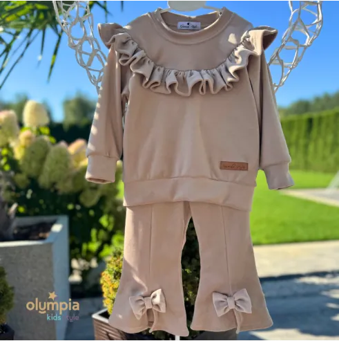 Dres welur i spoddnie DZWONY z kokardką beżowy Dres welur i spoddnie DZWONY z kokardką beżowy