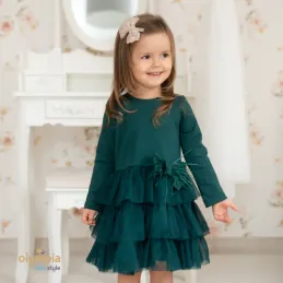 Sukienka dla dziewczynki PIÓRKO butelkowa zieleń