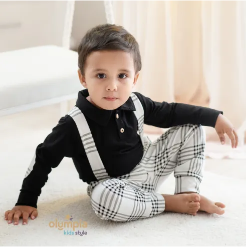 Bluzka z kołnierzem i spodenki z szelkami KRATKA