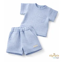 Komplet z Muślinu - Bluzka i Szorty niebieski